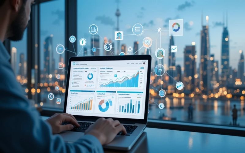 SEO consultant in Abu Dhabi analyzing website performance on laptop with digital marketing icons and city skyline in background.