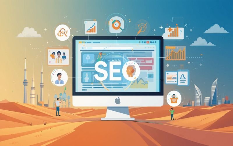 Illustration of on-page SEO services in Abu Dhabi showing a computer screen with SEO elements, graphs, analytics icons, and Abu Dhabi skyline in the background.