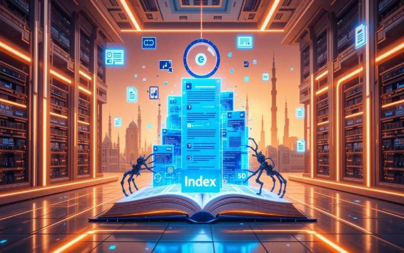 Indexing in Technical SEO services in Abu Dhabi illustrated with digital spiders organizing website data into a glowing database labeled "Index," set in a futuristic library with Abu Dhabi’s skyline in the background.