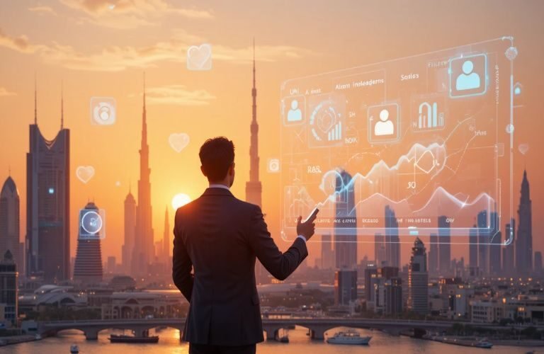 Businessman analyzing digital Instagram ads agency in Abu Dhabi dashboard with graphs and engagement icons, overlooking the Abu Dhabi skyline at sunset.