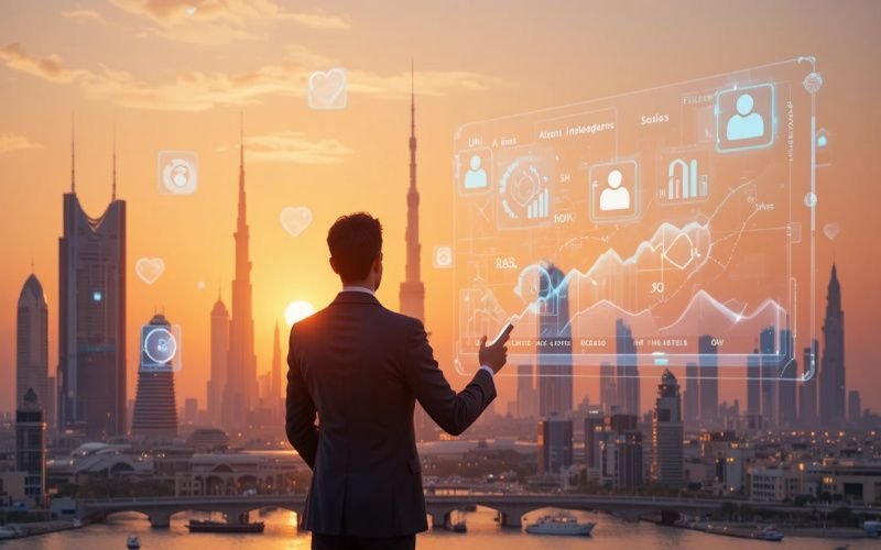 Businessman analyzing digital Instagram ads agency in Abu Dhabi dashboard with graphs and engagement icons, overlooking the Abu Dhabi skyline at sunset.