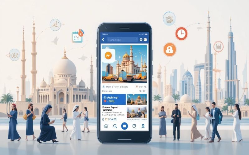 Illustration of a smartphone displaying a Facebook marketing oin Abu Dhabi interface with Abu Dhabi landmarks in the background, surrounded by icons and people using mobile devices.