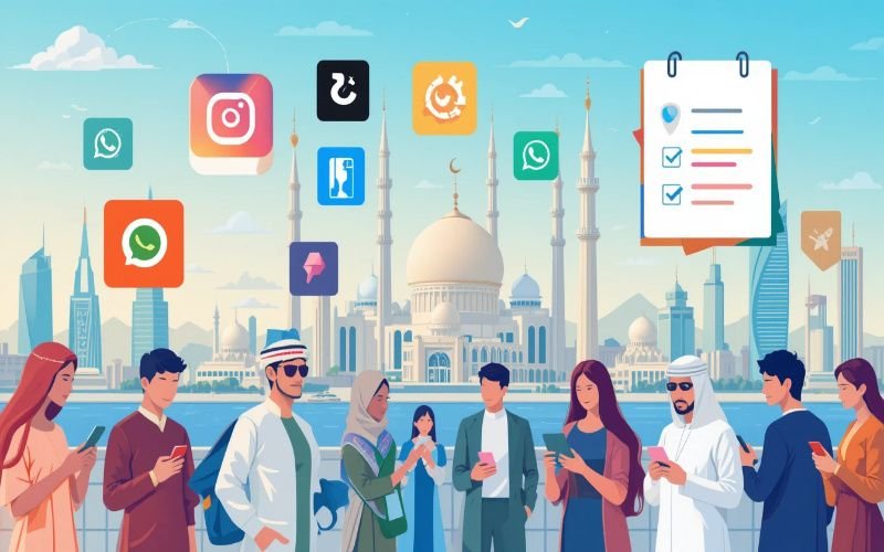 People in Abu Dhabi using smartphones with social media marketing services in Abu Dhabi. There are icons like Instagram, TikTok, WhatsApp, and LinkedIn floating above, with Sheikh Zayed Grand Mosque in the background.