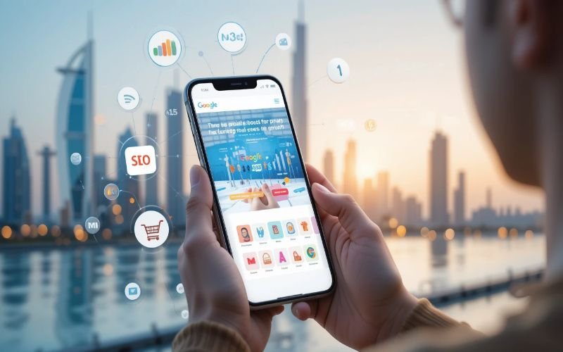 Person holding a smartphone displaying ecommerce SEO in abu dhabi and shopping icons, against the Abu Dhabi skyline at sunset.
