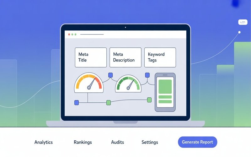 Laptop screen showing SEO elements like meta title, meta description, keyword tags, and website performance metrics On-page SEO packages in Abu Dhabi.