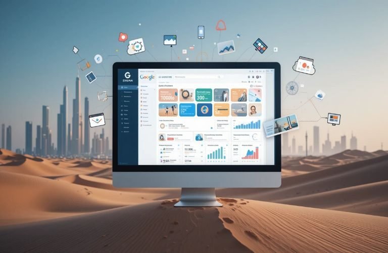Computer screen displaying SEO services in Abu Dhabi. a dashboard with analytics, keywords, and performance charts, set in Abu Dhabi desert with city skyline in the background.
