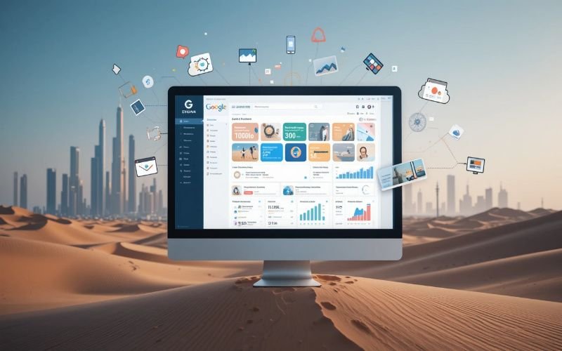 Computer screen displaying SEO services in Abu Dhabi. a dashboard with analytics, keywords, and performance charts, set in Abu Dhabi desert with city skyline in the background.