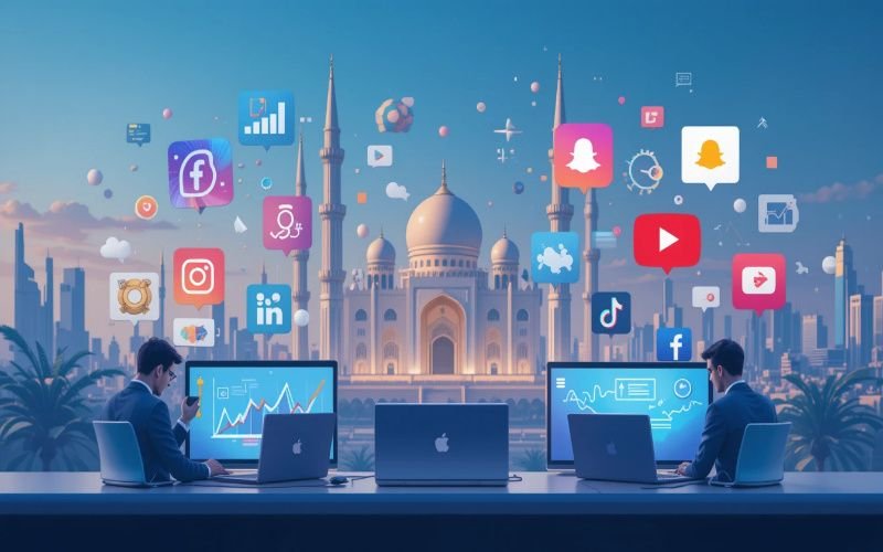 Marketers providing social media marketing services in Abu Dhabi working on laptops with floating icons of Facebook, Instagram, LinkedIn, Snapchat, TikTok, and YouTube in front of Sheikh Zayed Grand Mosque.