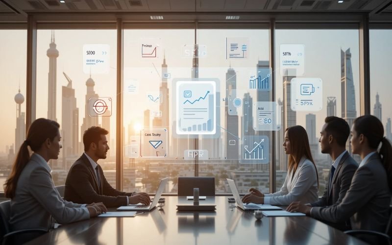 Business team in Abu Dhabi office discussing SEO strategies with digital charts and reports.