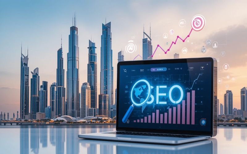 Laptop showing SEO growth chart with skyscrapers of Abu Dhabi in the background.