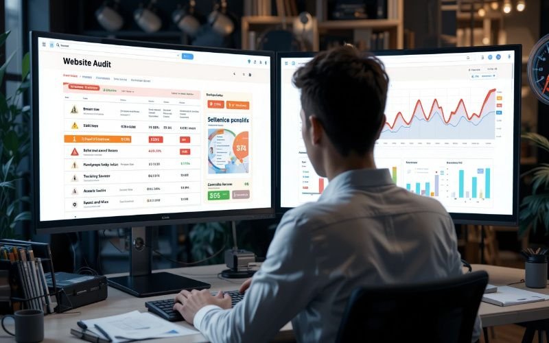 SEO consultant in Abu Dhabi performing website audit on dual monitors, identifying broken links, speed issues, and performance metrics for optimization.