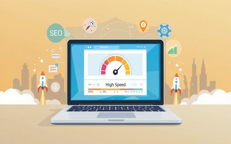 A laptop screen showing a high-speed performance meter with SEO icons, symbolizing website speed optimization in on-page SEO services in Abu Dhabi.