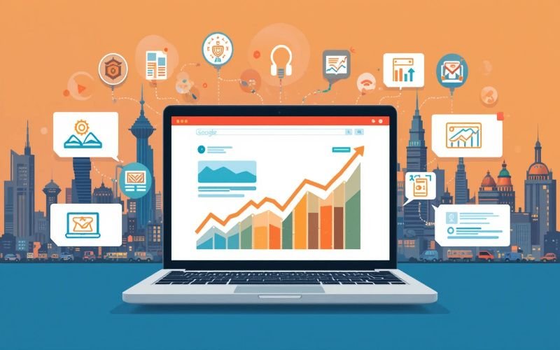 Illustration of off-page SEO services in Abu Dhabi showing a laptop with rising graph, backlinks, social media, and digital marketing icons.