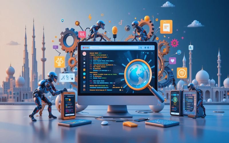 Technical SEO services in Abu Dhabi illustrated with robots optimizing a website, gears, coding symbols, and mobile devices against the backdrop of Abu Dhabi’s skyline.