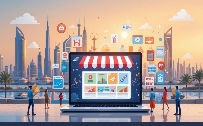 E-commerce SEO in Abu Dhabi with laptop storefront, digital marketing icons, and city skyline background.