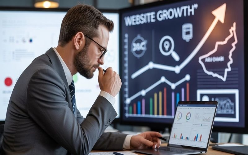 SEO consultant in Abu Dhabi analyzing website growth data and strategies on laptop with charts and graphs in background.