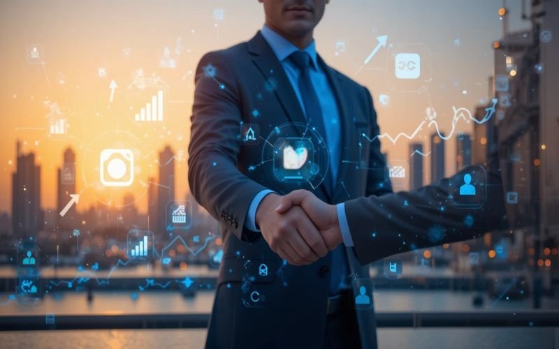 Businessmen shaking hands showing the representative of instagram ads agency in Abu Dhabi with digital Instagram icons, analytics charts, and social media growth symbols overlayed, set against the Abu Dhabi skyline at sunset.