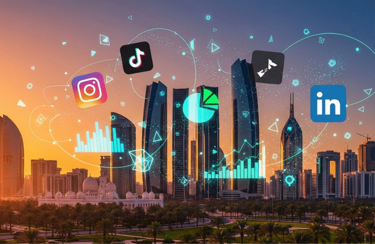 Best SMM company in Abu Dhabi showcasing social media marketing across Instagram, TikTok, and LinkedIn with city skyline background.