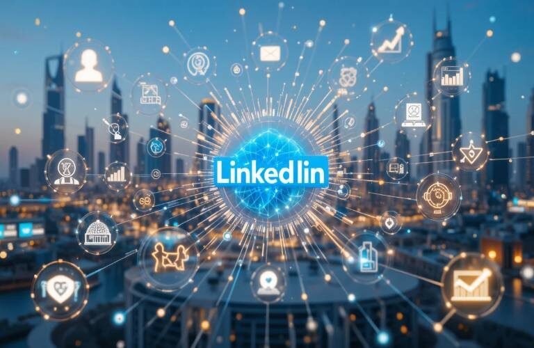 LinkedIn marketing in Abu Dhabi concept showing the LinkedIn logo surrounded by digital business icons over a futuristic Abu Dhabi city skyline.
