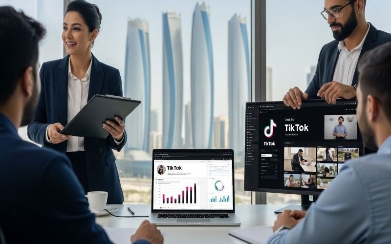 Marketing team presenting TikTok campaign performance in an Abu Dhabi office showcasing TikTok Ads Services Abu Dhabi.