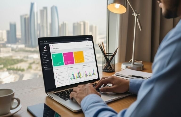 Professional marketer analyzing TikTok Ads dashboard on a laptop in an Abu Dhabi office showcasing TikTok Ads Services Abu Dhabi.