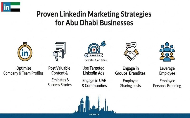 Infographic showing proven LinkedIn marketing in Abu Dhabi, including optimizing profiles, posting valuable content, using targeted LinkedIn ads, engaging in UAE business groups, and leveraging employee personal branding.