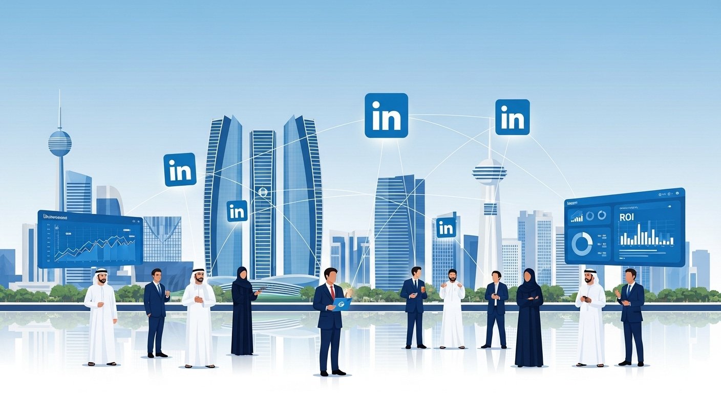 Illustration of business professionals in traditional Emirati and corporate attire standing in front of Abu Dhabi skyline, connected by LinkedIn icons and digital analytics dashboards, representing LinkedIn marketing in Abu Dhabi.