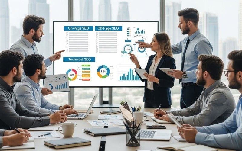 Office scene showing a Best SEO Company in Sharjah team analyzing traffic and keyword rankings