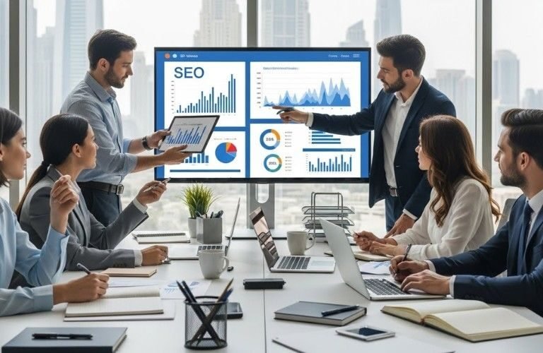 Team of experts from the Best SEO Company in Sharjah working on website optimization and local SEO