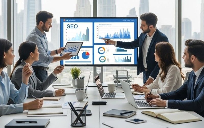 Team of experts from the Best SEO Company in Sharjah working on website optimization and local SEO