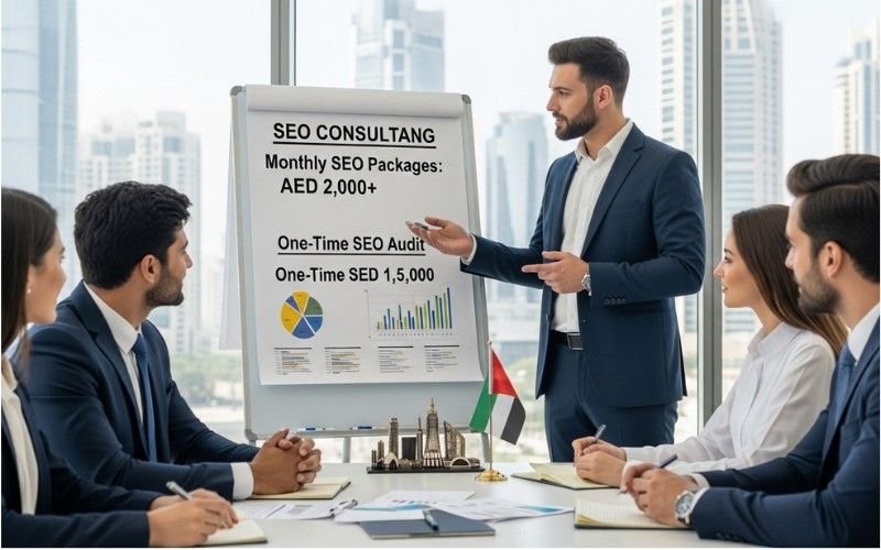Business owner meeting an SEO consultant in Sharjah to plan SEO strategy UAE

