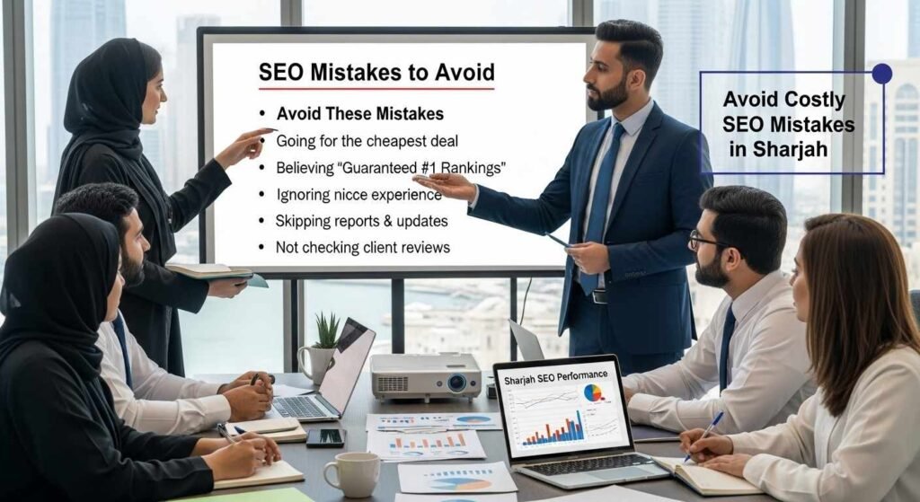 Small business owner in Sharjah reviewing SEO report results