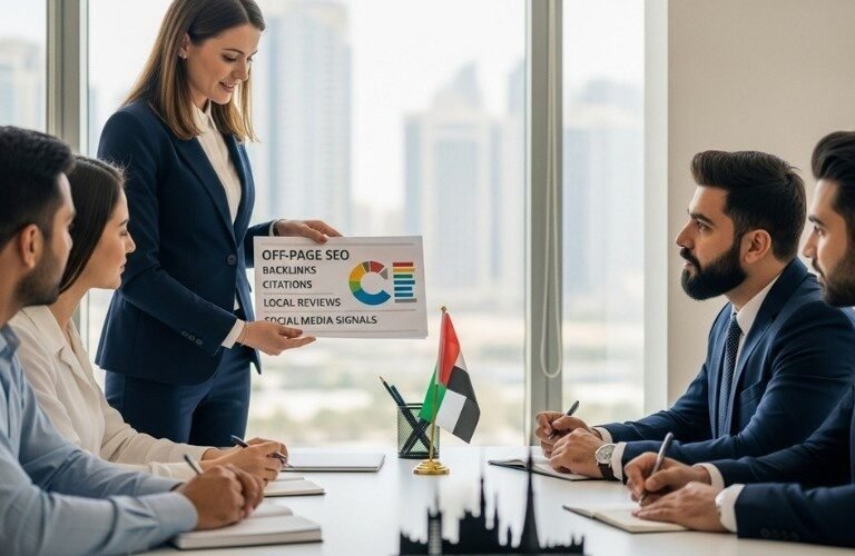Off-page SEO checklist Sharjah showing backlinks, citations, and brand mentions