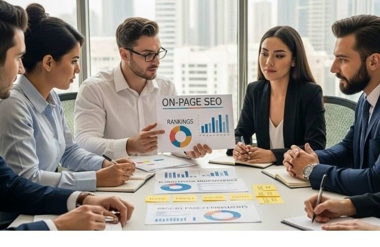 On-page SEO Sharjah checklist showing titles, headings, content, links, and images