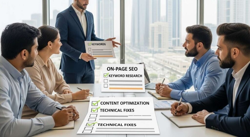  Flowchart of On-Page SEO steps in Sharjah including audit, fixes, content, and monitoring