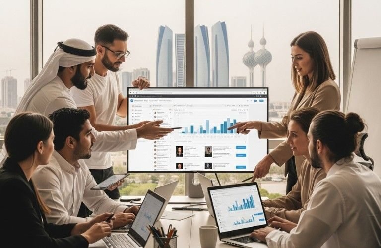 Social media management team in Abu Dhabi planning digital strategy