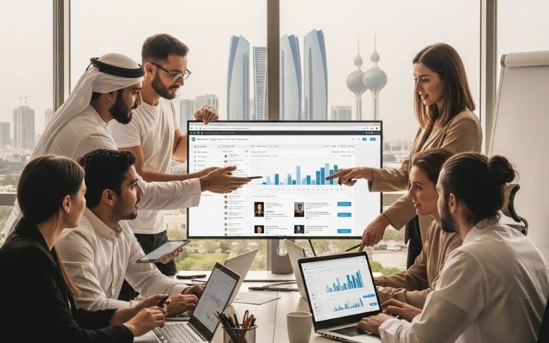 Social media management team in Abu Dhabi planning digital strategy