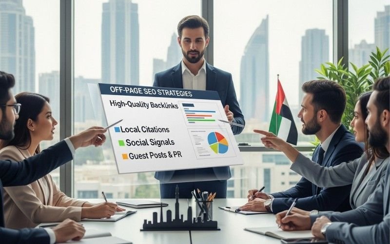  Flowchart of off-page SEO steps UAE including research, link building, and reporting