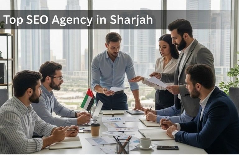 Team of SEO experts from the Top SEO Agency in Sharjah working on website optimization and local SEO