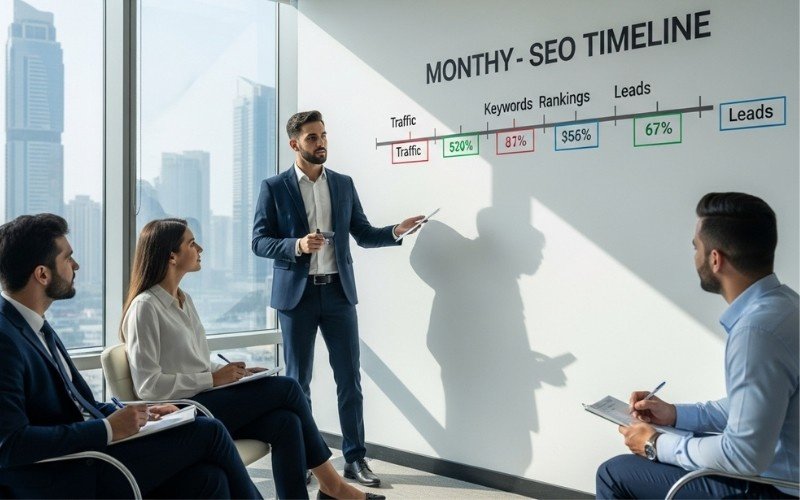  Illustration of the Top SEO Agency in Sharjah offering keyword research, technical SEO, and content optimization