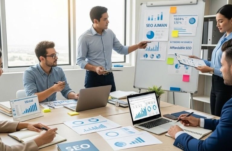 View of Ajman city skyline with a business office, representing affordable SEO services in Ajman