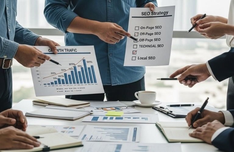 SEO experts in Ajman analyzing website traffic and improving Google rankings