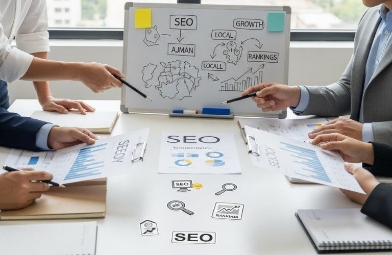 SEO experts in Ajman analyzing website performance and traffic