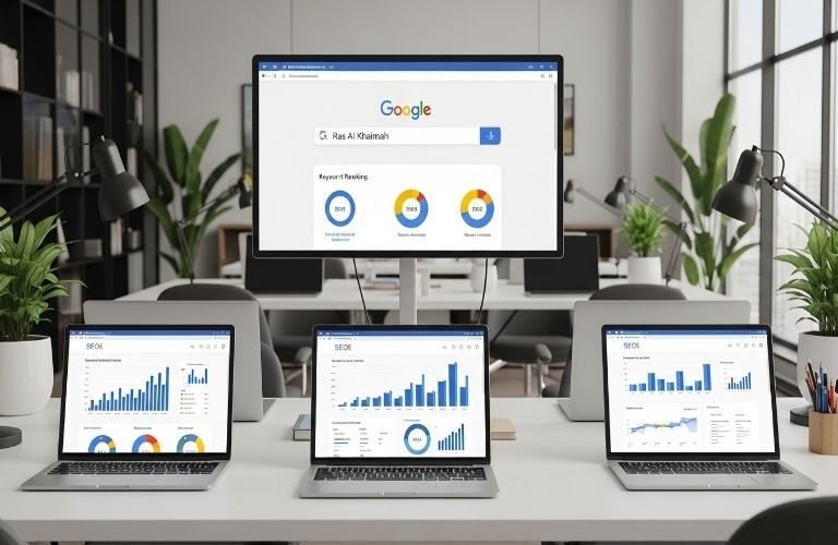 Modern office workspace with multiple laptops displaying analytics dashboards and a large screen showing Google search results, representing the Best SEO Company in Ras Al Khaimah.