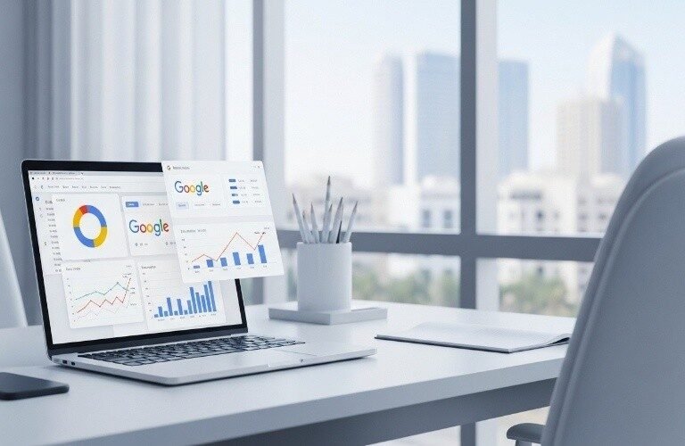 Laptop on a modern office desk showing Google analytics and traffic charts, representing an Expert SEO Consultant in Ajman helping local businesses grow.