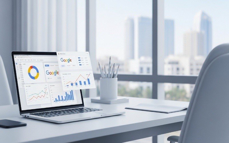 Laptop on a modern office desk showing Google analytics and traffic charts, representing an Expert SEO Consultant in Ajman helping local businesses grow.