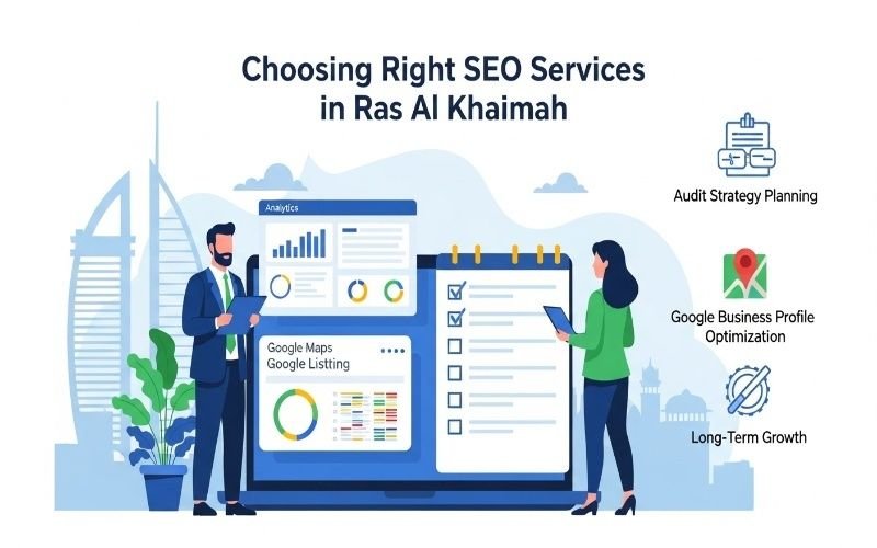 Illustration showing business professionals reviewing analytics, Google Maps listing, and strategy checklist while choosing SEO Services in Ras Al Khaimah.