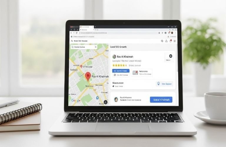 Laptop displaying Google Maps results for Local SEO Services in Ras Al Khaimah with business listings and location pin on the screen.