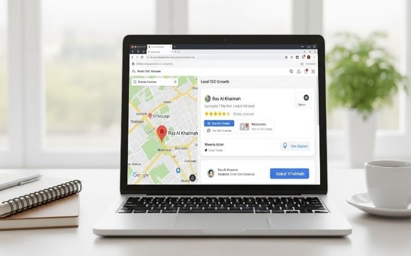 Laptop displaying Google Maps results for Local SEO Services in Ras Al Khaimah with business listings and location pin on the screen.