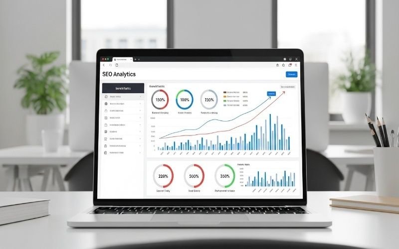 Laptop displaying SEO analytics dashboard with traffic growth charts and performance metrics, showcasing the results delivered by the Best SEO Company in Ras Al Khaimah.